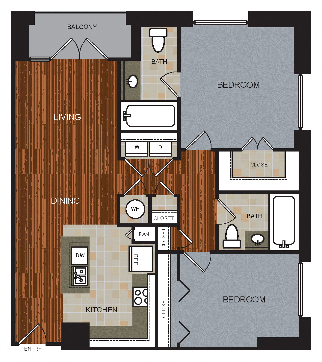 Floor plan for 2 beds, 2 baths, 1162 sqft